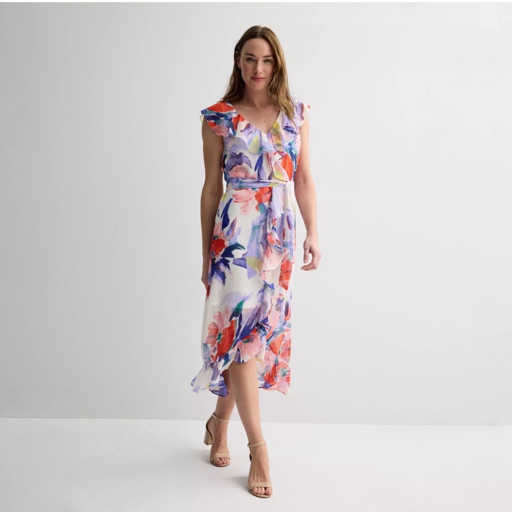 Harper Rose Ruffle Wrap Midi Dress – Floral Watercolor, Size 8